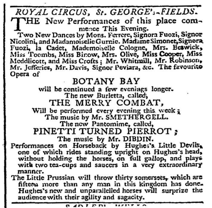 Advertisement for the opera, Botany Bay 9 May 1787