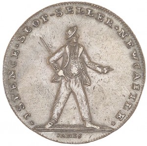 Newcastle halfpenny token commemorating the Battle of the Glorious First of June, 1794.  A sailor standing astride, his left arm extended. 