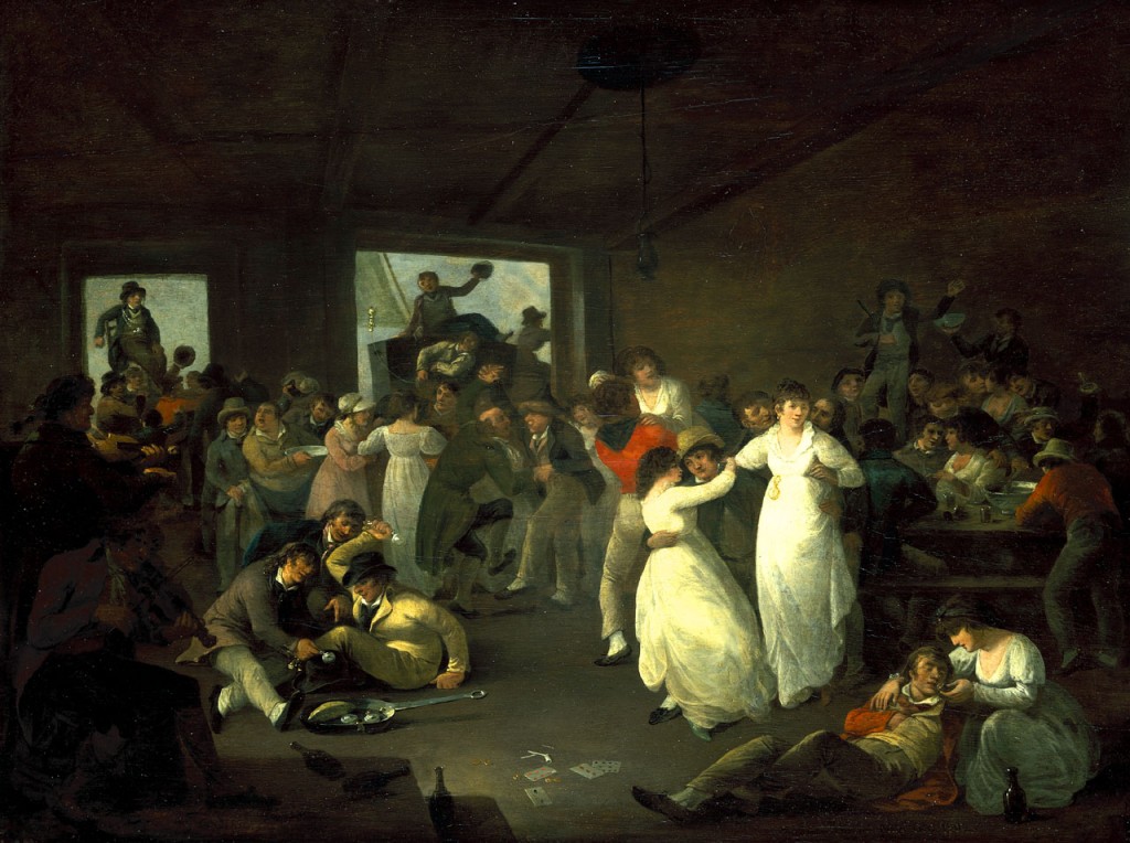 Scene in a Portsmouth tavern at after one or more ships have been paid off. Thought to be a painting of a celebration of the Battle of the Glorious First of June 1794. The room is crowded with sailors and men and women carousing. Sailors, several with their arms around women, sit on low benches around a table to the right. This bears a china punch bowl and drinking mugs, with a sailor boy dancing on it. To the left, a group are dancing to the music of the two fiddlers on the far left. Some of the dancers are in couples and others are groups of men carousing (including a sailor dancing with a Jewish pedlar, a class well-known as purveyors of frippery to seamen).