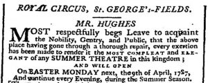 The Royal Circus underwent "a thorough repair" in readiness for the 1787 summer season, "rendering it the most complete and elegant of any summer theatre in the kingdom."