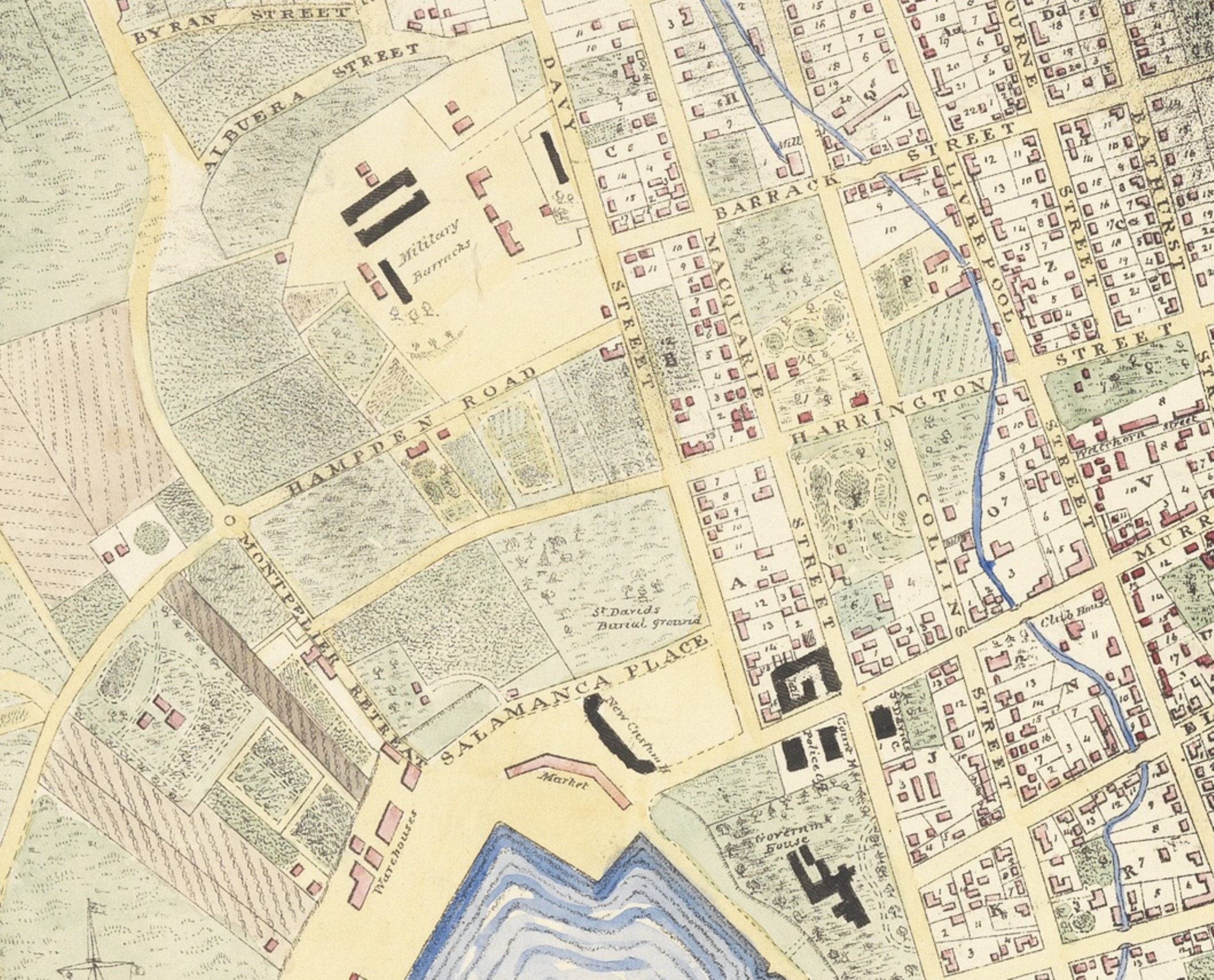 Map of Hobart, 1839. George Frankland. Allport Library and Museum of Fine Arts, Tasmanian Archive and Heritage Office