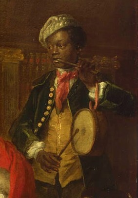 Detail of Hogarth's group portrait, Captain Lord George Graham, 1715-47, in his Cabin, showing a black servant. https://collections.rmg.co.uk/collections/objects/14194.html