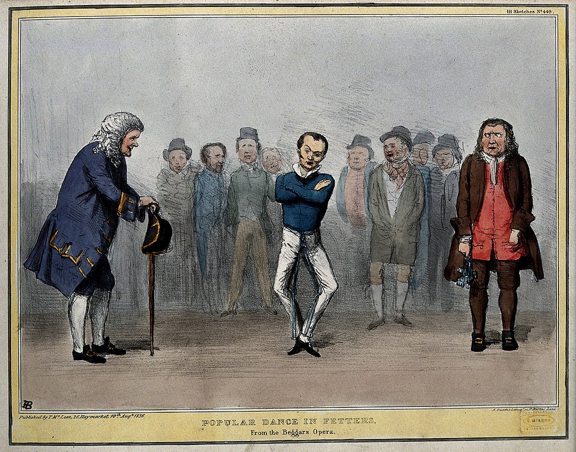Hornpipe in Fetters. Lord John Russell in fetters, as Filch, dances while Daniel O'Connell, on the left, represents Peachum and Joseph Hume, on the right, Lockitt. Coloured lithograph by H.B. (John Doyle), 1836. Credit: Wellcome Collection. CC BY