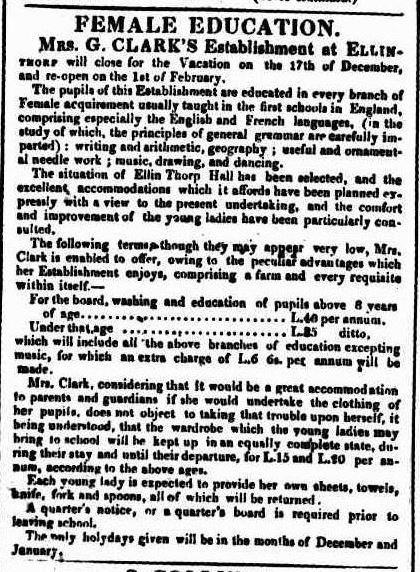Mrs Clark's advertisement for Ellenthorpe Hall. November 24, 1827. The Hobart Town Courier. National Library of Australia. http://nla.gov.au/nla.news-article4225724 