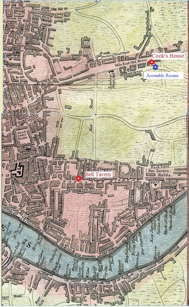 This map from 1767 shows Cook's family home in Mile End Road, the Assembly Room, the Bell Tavern at Shadwell, and a section of the Thames. Crace Collection of Maps, British Library.