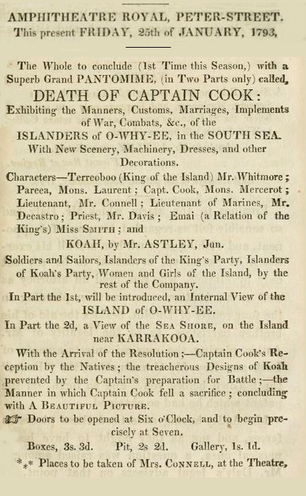 Playbill for Astley's performance of the "superb grand pantomime" the Death of Captain Cook at Astley's Amphitheatre, Peter Street, Dublin in 1793.
